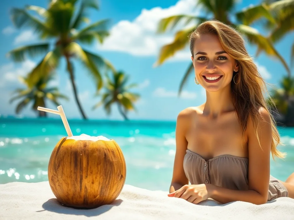 Uśmiechnięta kobieta wypoczywająca na piaszczystej plaży na Dominikanie z kokosem w dłoni na tle turkusowego oceanu.