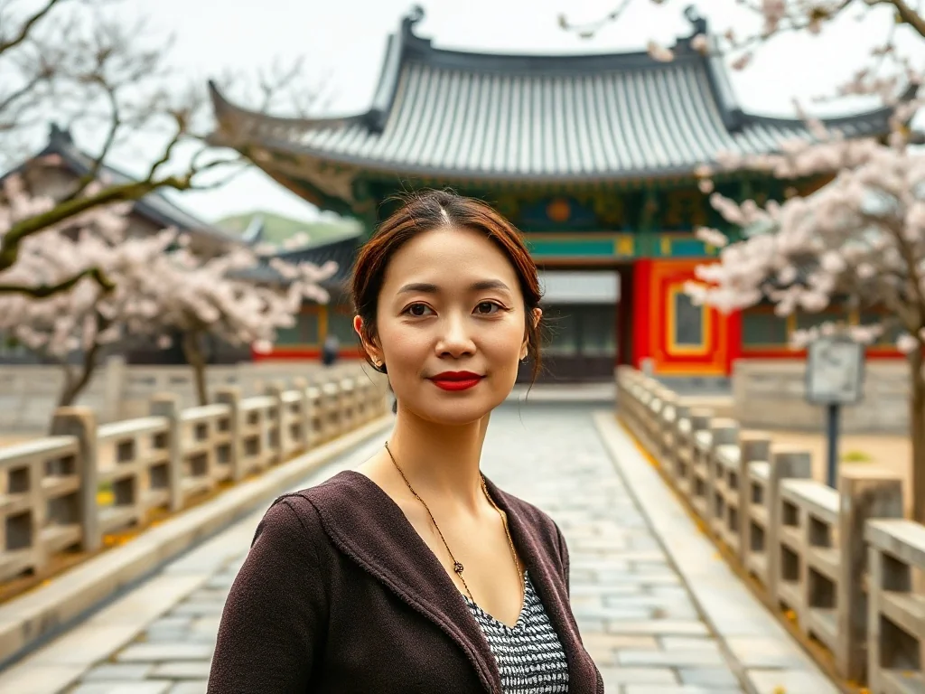 Turystka podziwiająca zdobioną bramę pałacu Gyeongbokgung w Seulu w otoczeniu kwitnących wiśni.