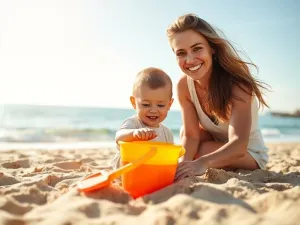 Kobieta wypoczywająca na piaszczystej plaży na Mauritiusie w otoczeniu turkusowego oceanu i palm w świetle zachodzącego słońca.