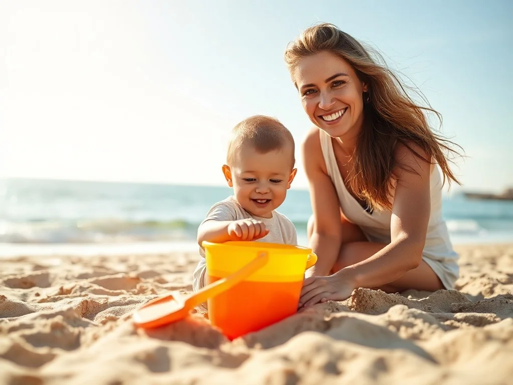 Szczęśliwa matka z dzieckiem bawiący się na piaszczystej plaży nad morzem w słoneczny dzień.