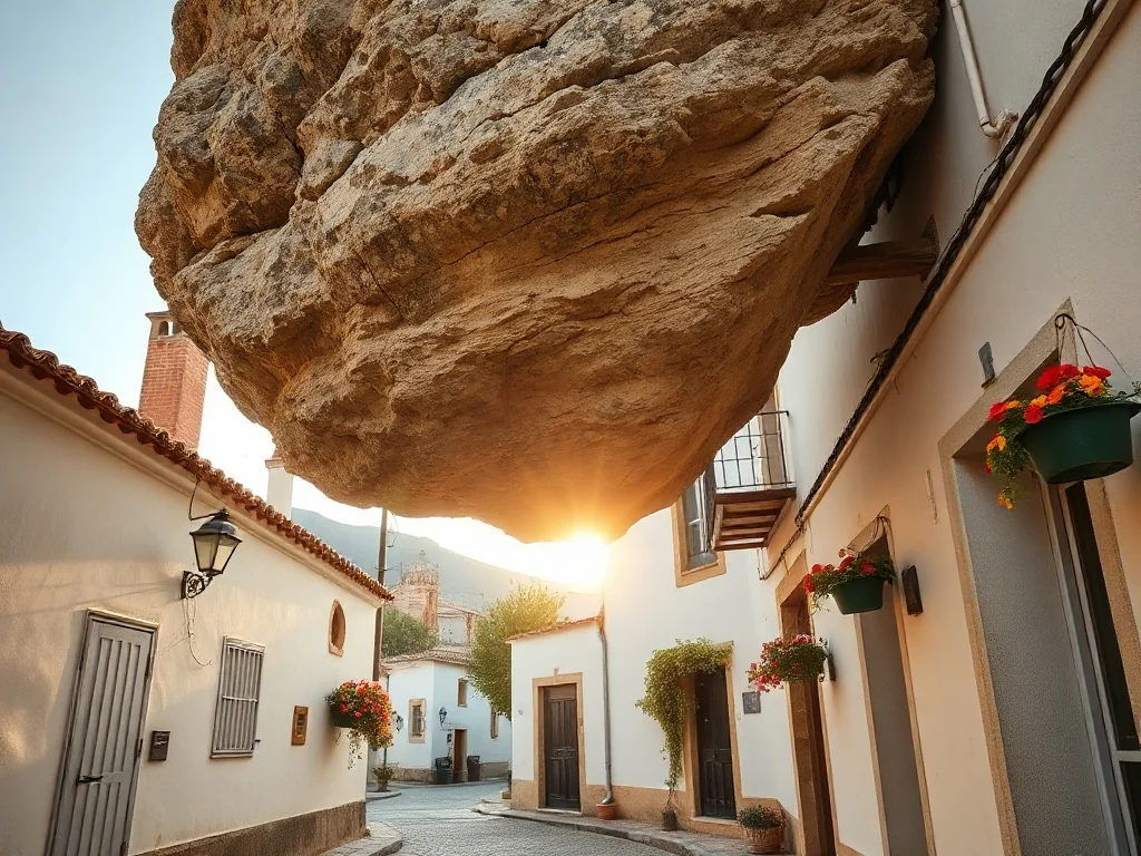 Wąska uliczka w Setenil de las Bodegas, gdzie białe domy wciśnięte są pod ogromną, naturalną formację skalną.