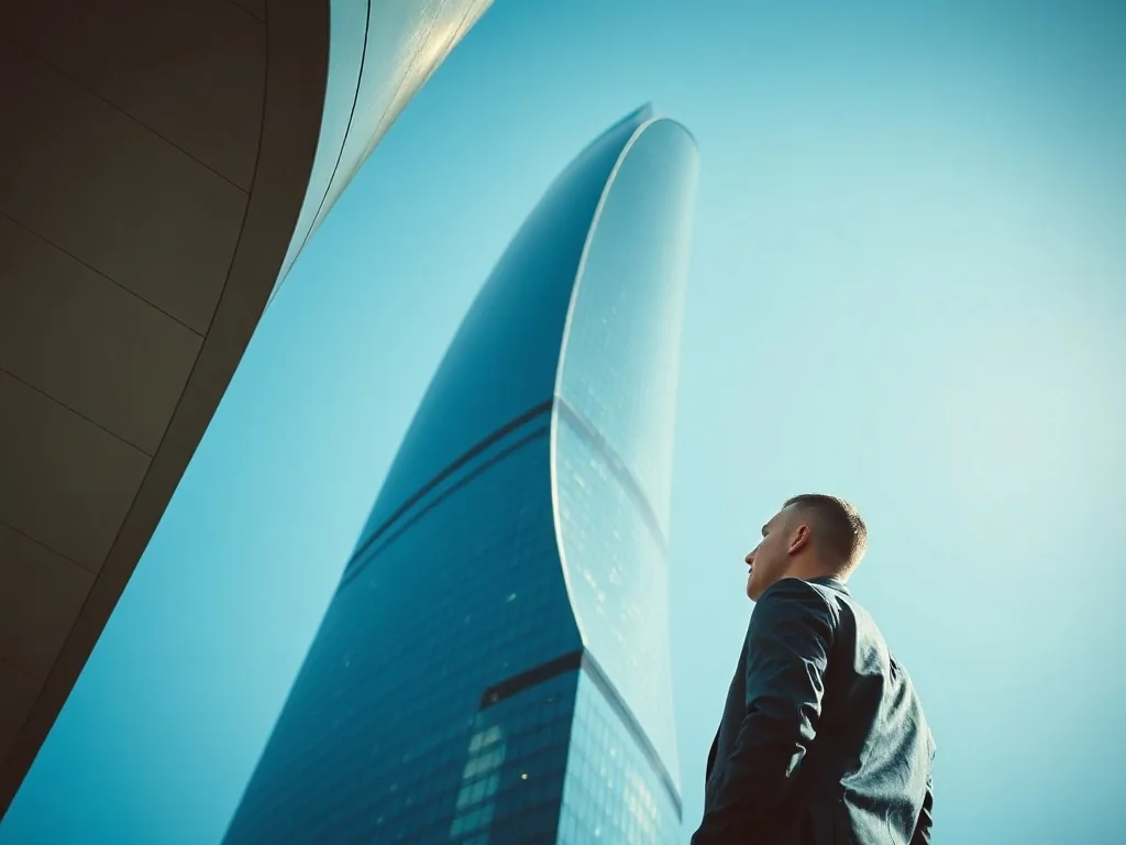Mężczyzna w stroju biznesowym spoglądający w górę na nowoczesny, przeszklony wieżowiec Sky Tower na tle błękitnego nieba.