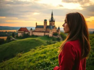 Kobieta podziwiająca widok na kanał z Mostu Rialto w Wenecji podczas zachodu słońca.