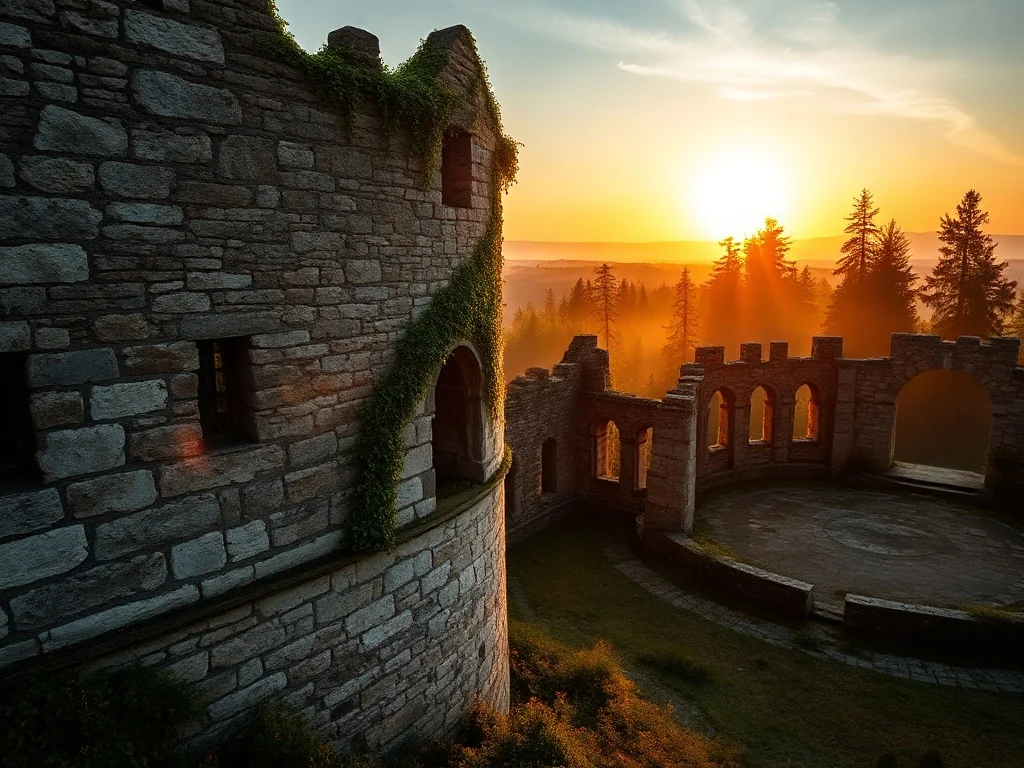 Majestatyczne ruiny zamku w Ząbkowicach Śląskich o zachodzie słońca, otoczone mglistym lasem i porośnięte bluszczem.