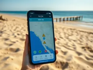 Uśmiechnięta kobieta na piaszczystej plaży Sri Lanki w otoczeniu palm i turkusowego oceanu w świetle zachodzącego słońca.