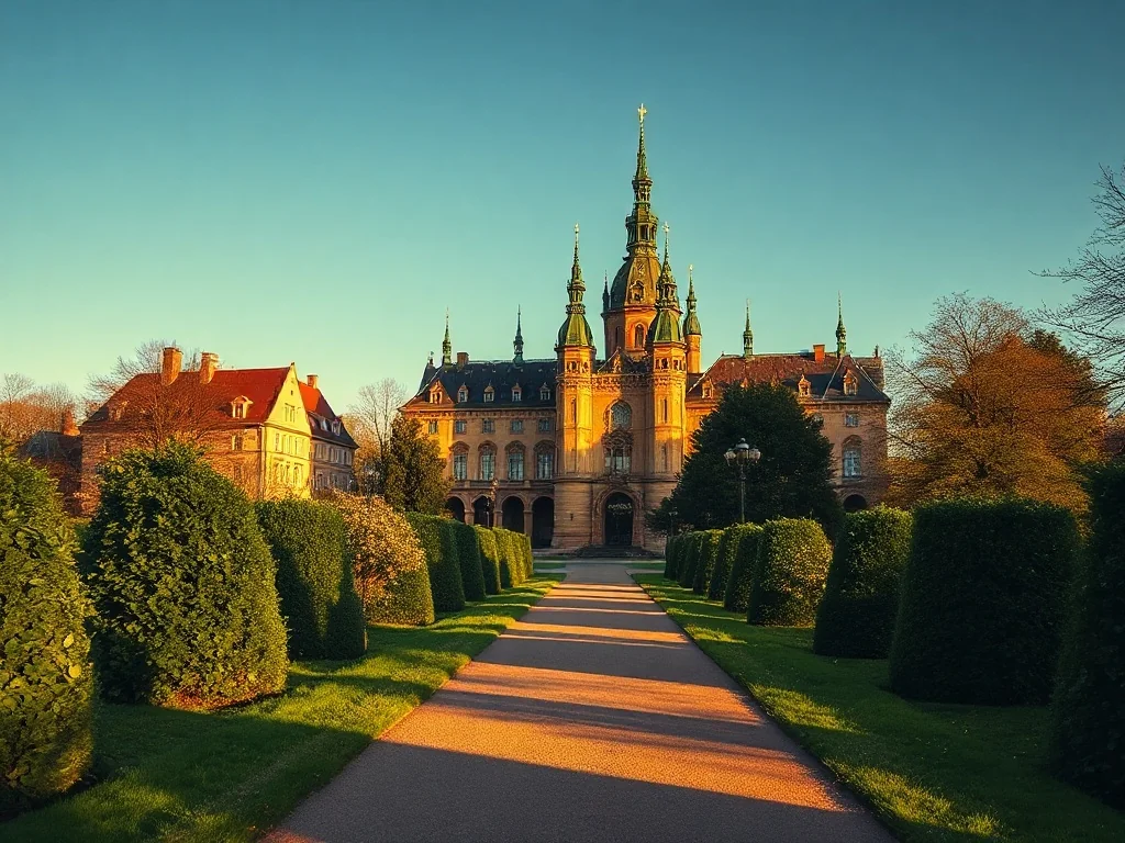 Majestatyczny Zamek w Mosznej z licznymi wieżami, otoczony wiosennym parkiem w promieniach zachodzącego słońca.