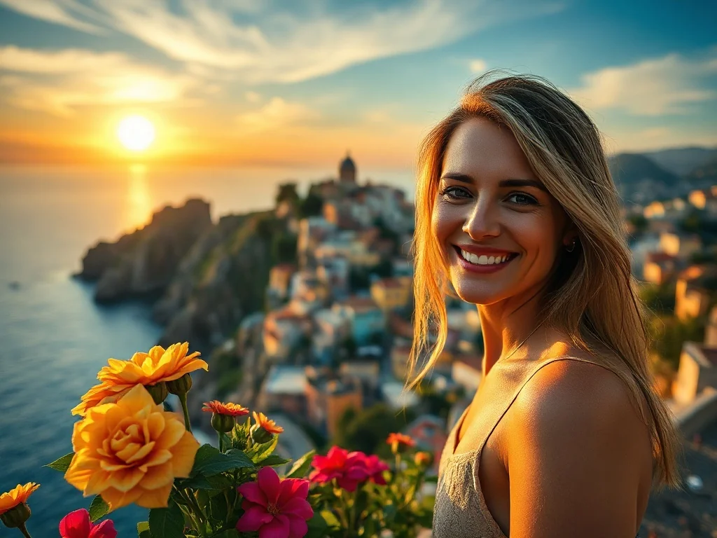 Uśmiechnięta kobieta podziwia malownicze wybrzeże Amalfi z kolorowymi domami na tle zachodzącego słońca.