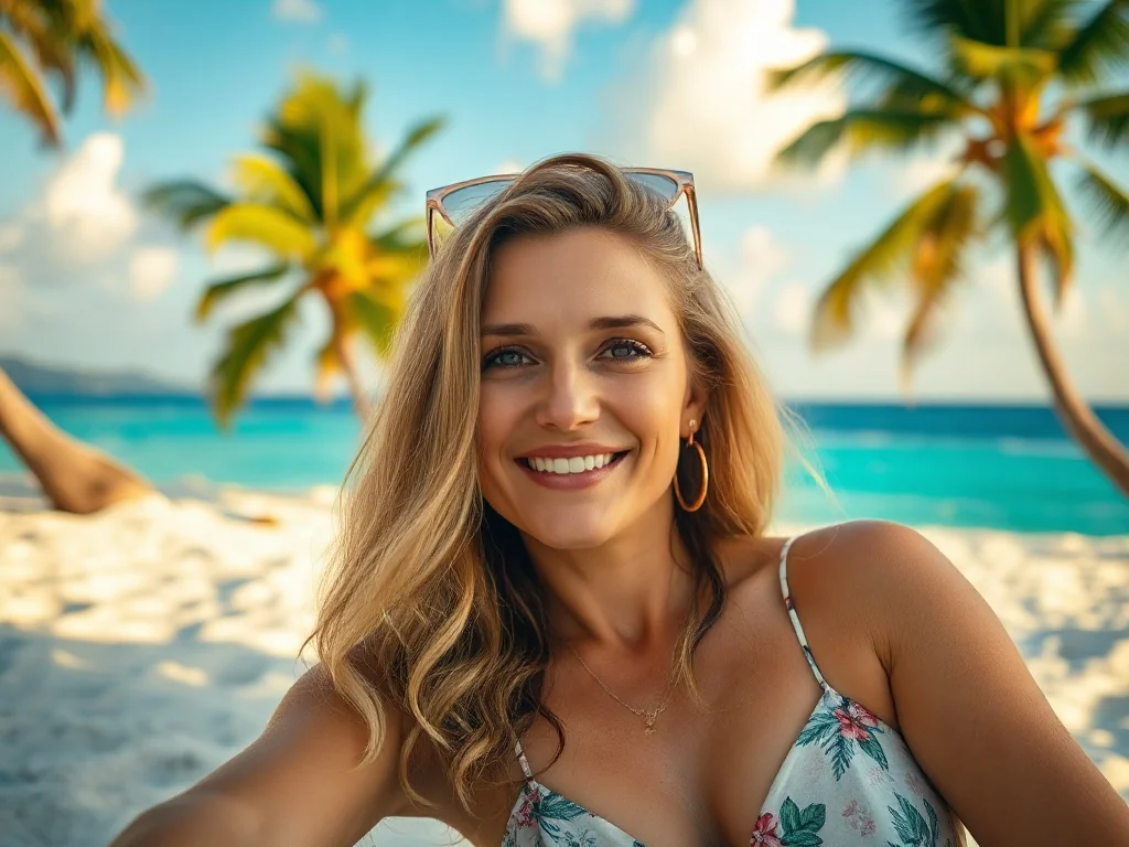 Kobieta wypoczywająca na piaszczystej plaży na Mauritiusie w otoczeniu turkusowego oceanu i palm w świetle zachodzącego słońca.